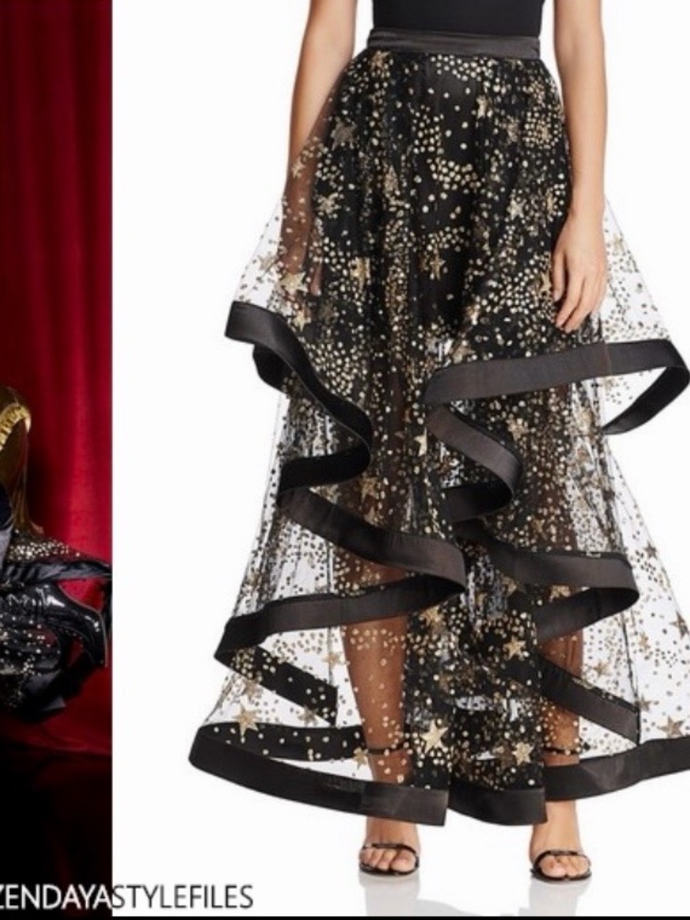 Zendaya x Aqua Bloomingdale’s Black and Gold Star-Print Layered Tulle Skirt